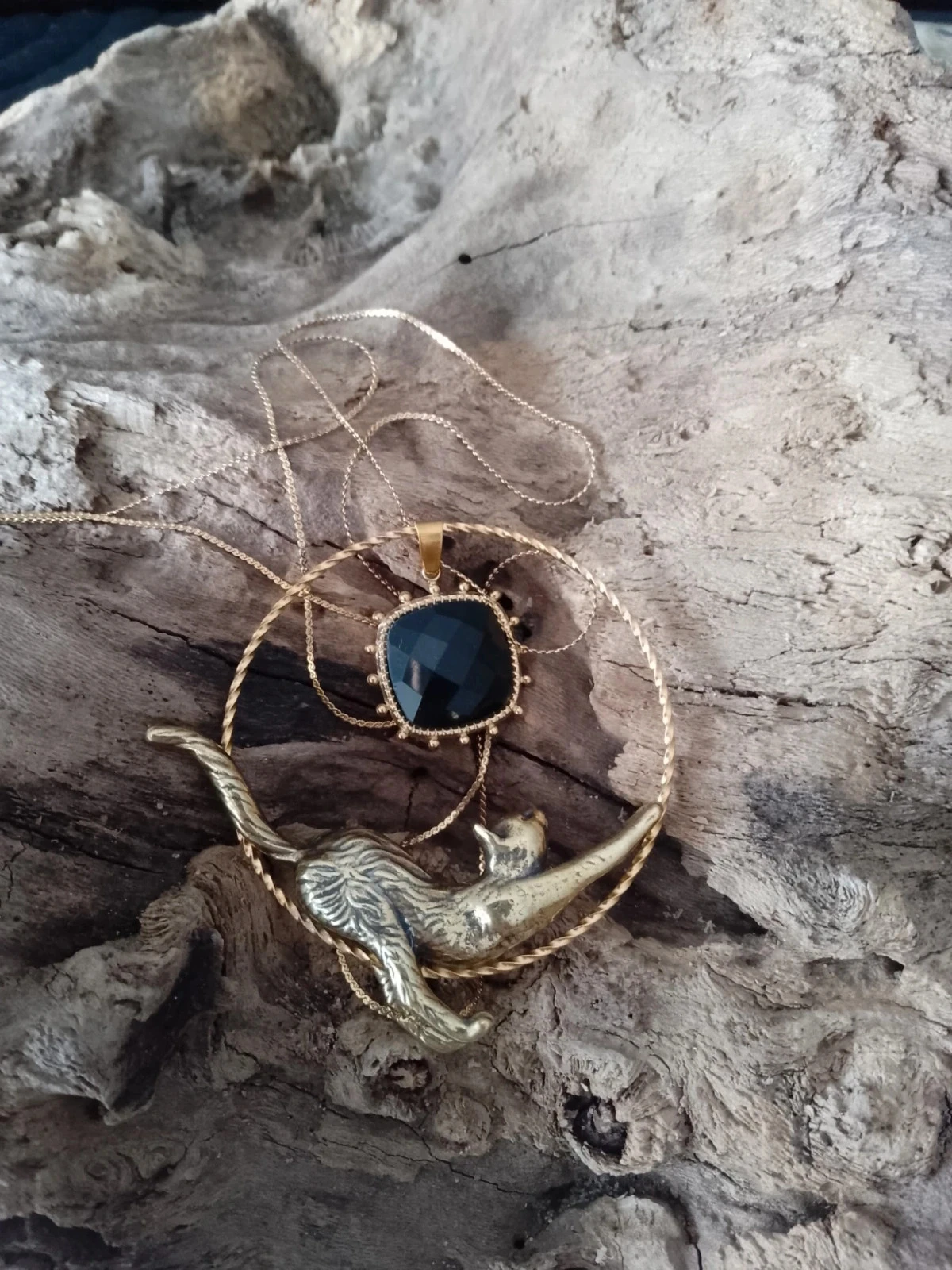 Collier chat et pierre d'obsidienne noire naturelles – photo 2